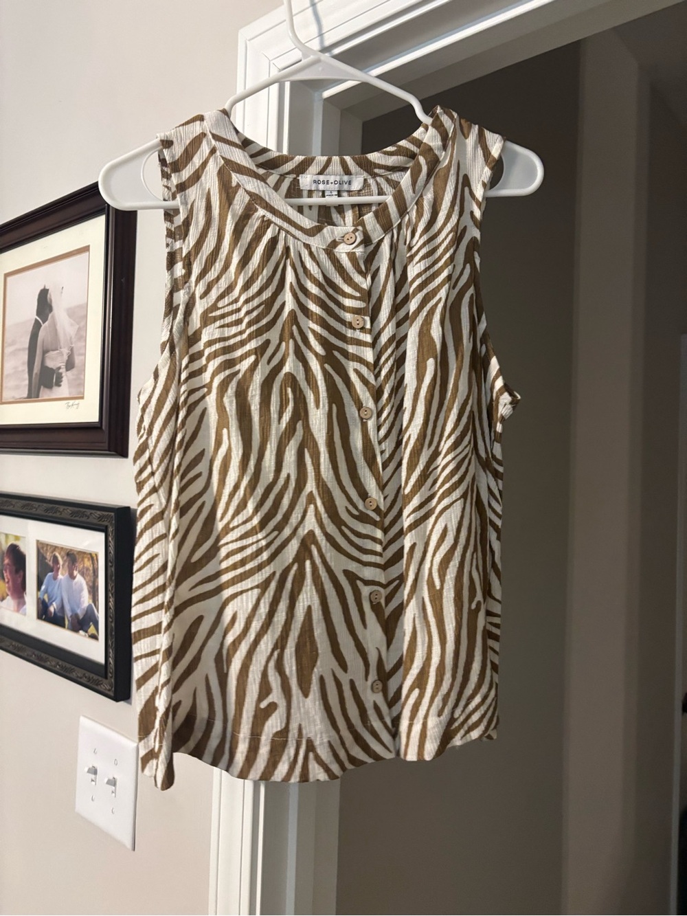 Rose & Olive Tan and White Zebra-Print Sleeveless Button Front Blouse